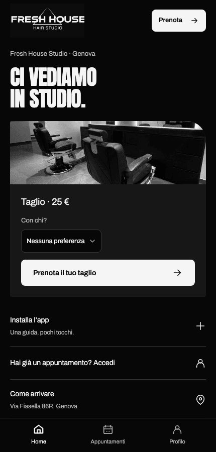 Schermata mobile di prenotazione Fresh House